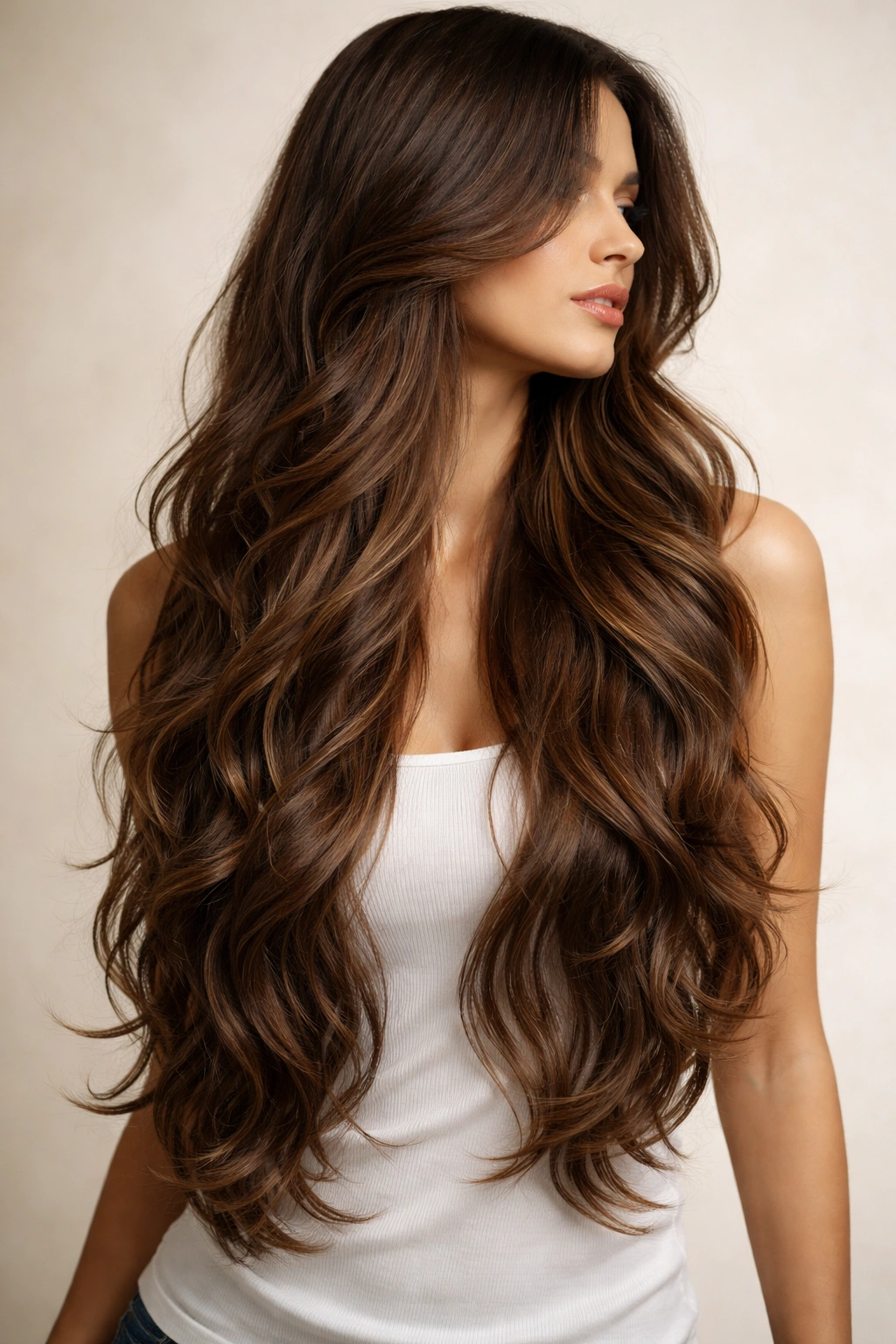 Waist-length wavy hair with flowing drapey layers in studio portrait