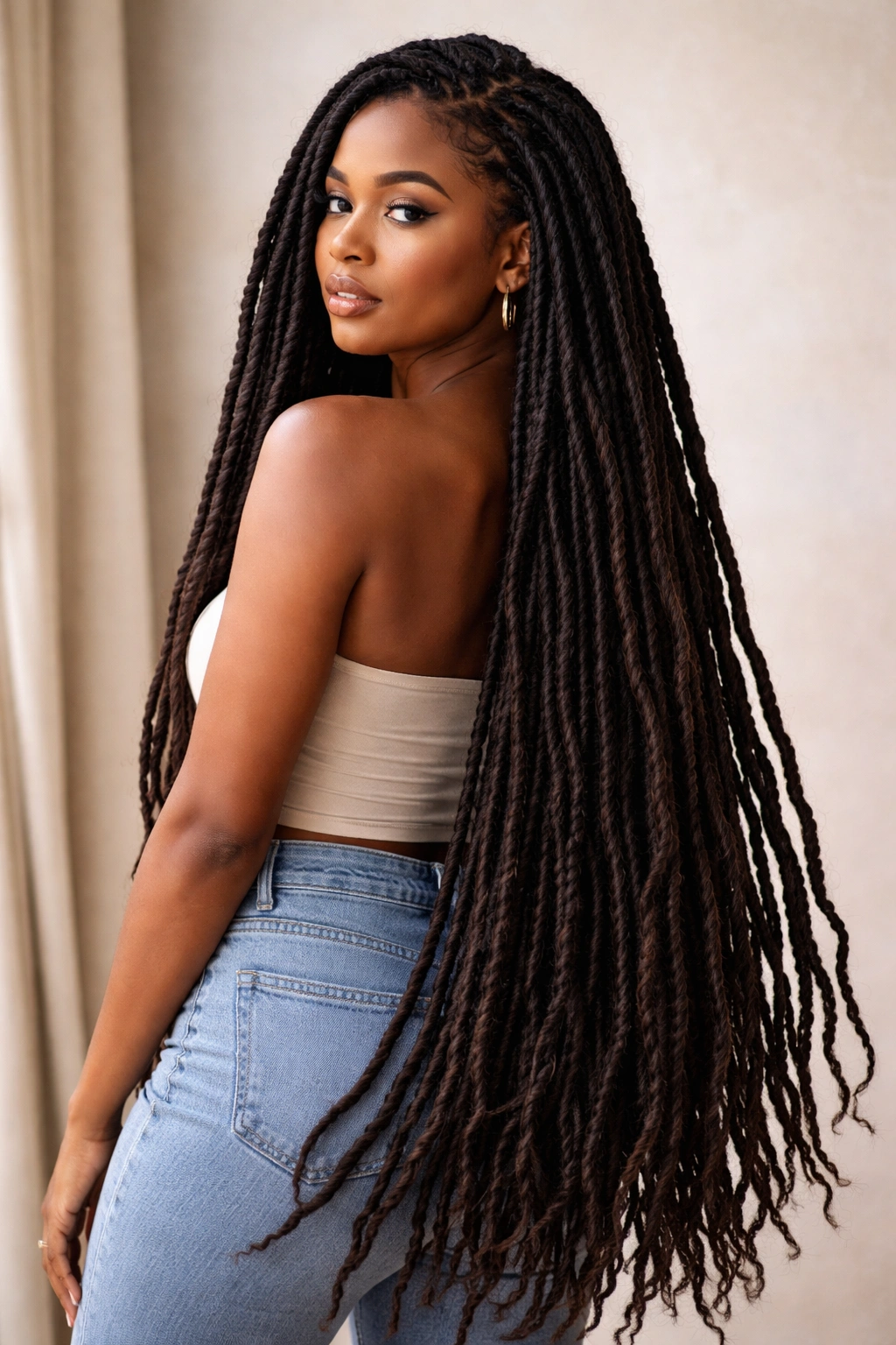 Waist-length locs cascading dramatically, full length visible