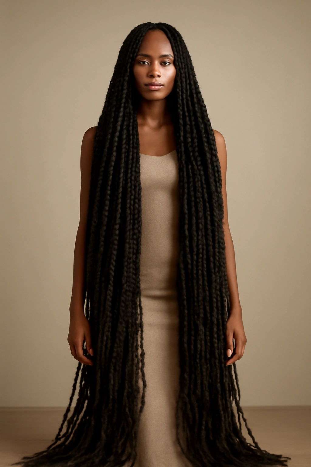 Waist-length passion twists cascading to the floor in a full-body portrait