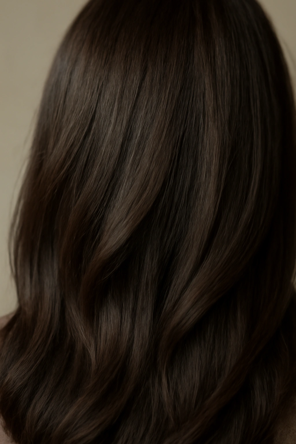 Close-up of walnut brown hair with a subtle ash blend