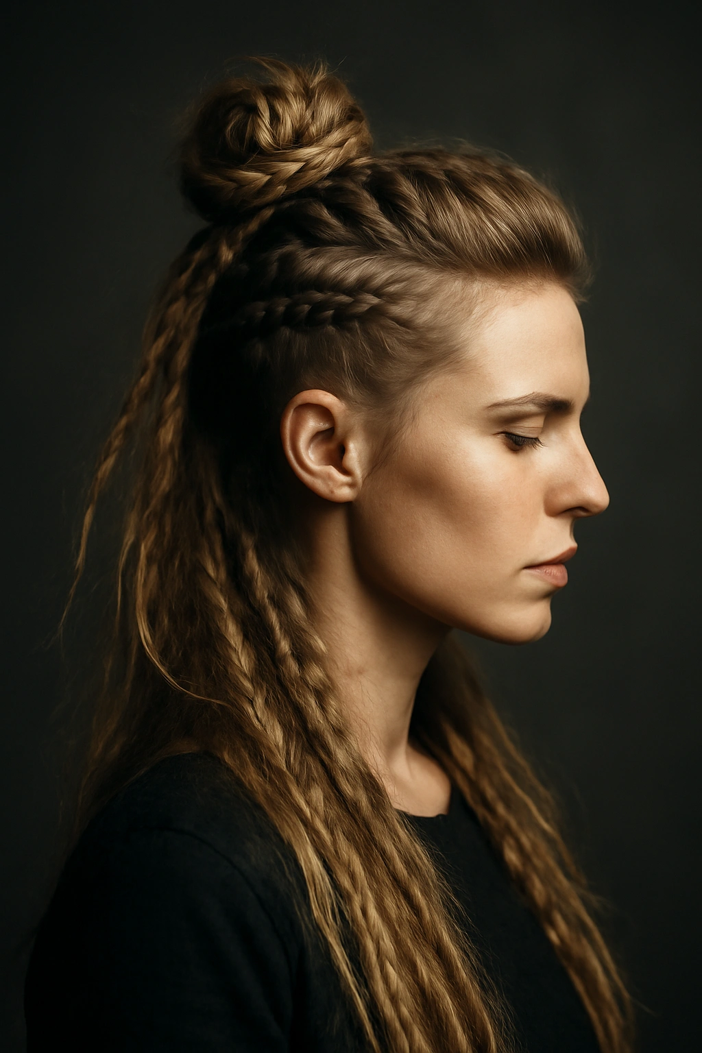 Top crown knot hairstyle with flowing hair around