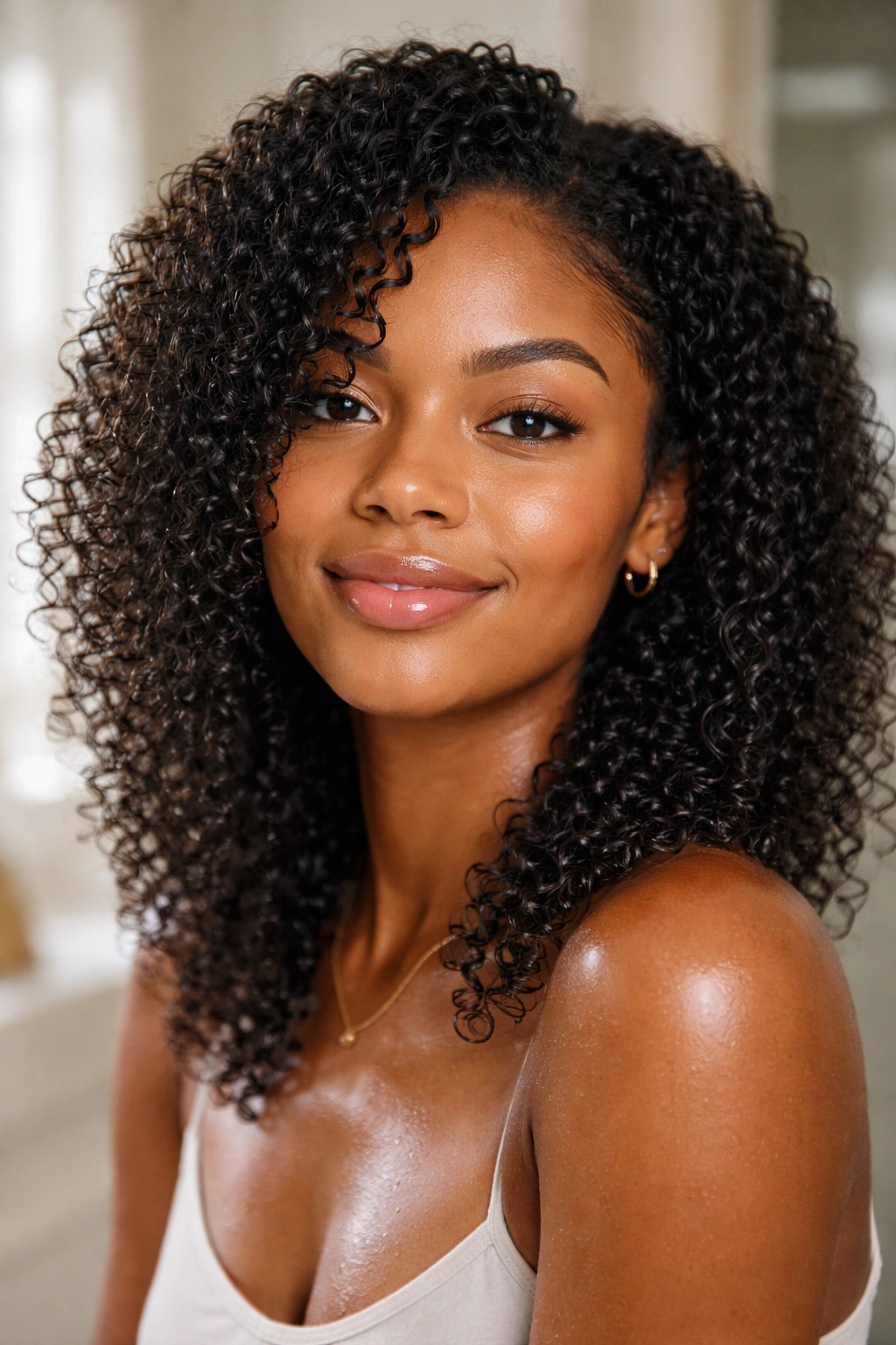 Close-up of damp, defined wash-and-go curls.