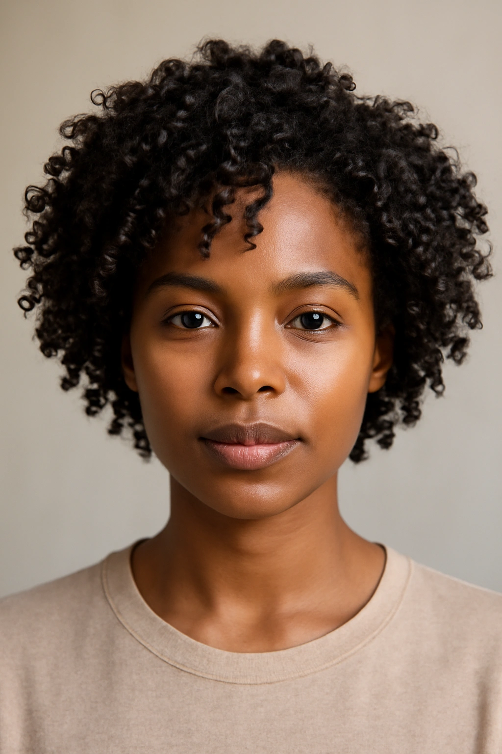Portrait of a Black woman with defined wash-and-go curls.