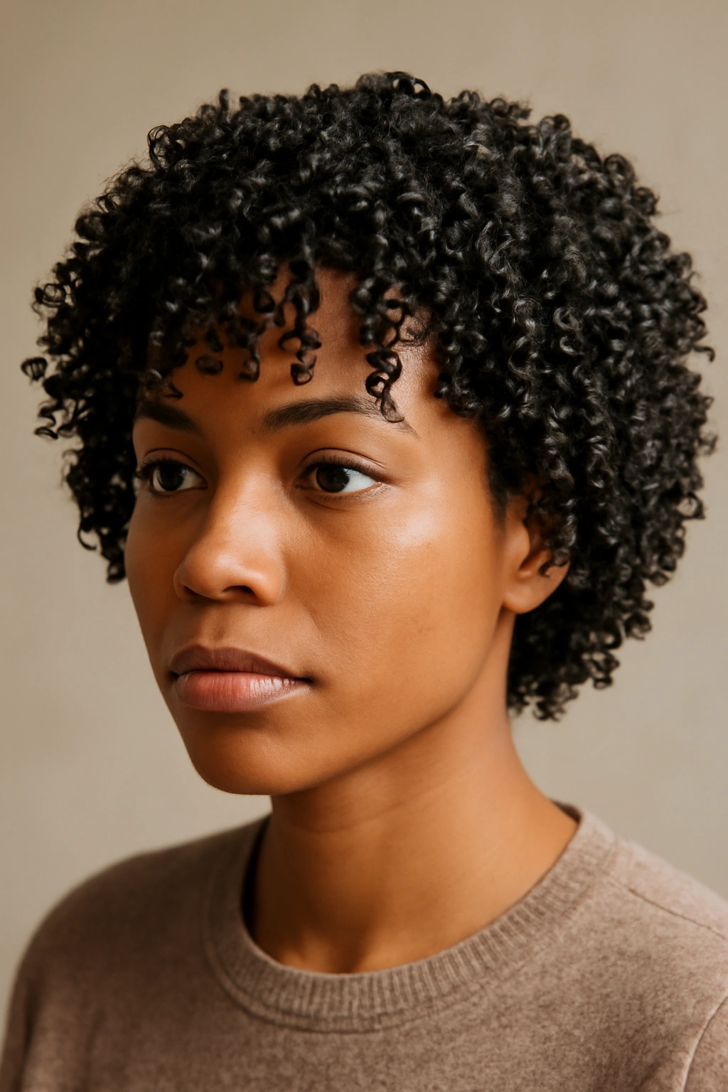 Close-up of a head with gel-cast, defined curls in a bone-dry wash-and-go