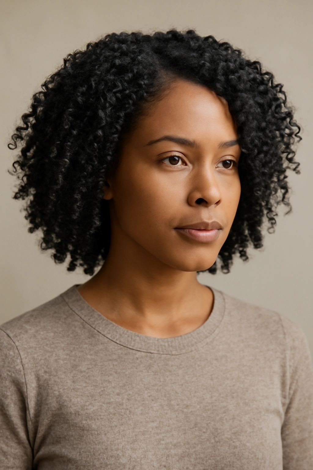 Close-up portrait of a person with natural textured hair in a wash-and-go cut against a neutral studio backdrop