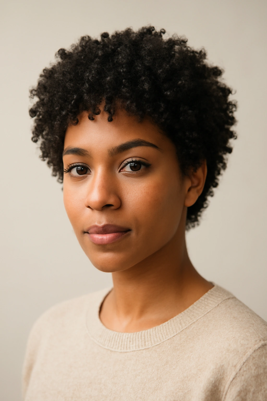 Head-and-shoulders shot of a 2-3 inch uniform curly short crop.