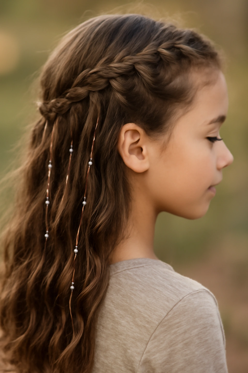 Waterfall braid with delicate beads on the cascading strands.