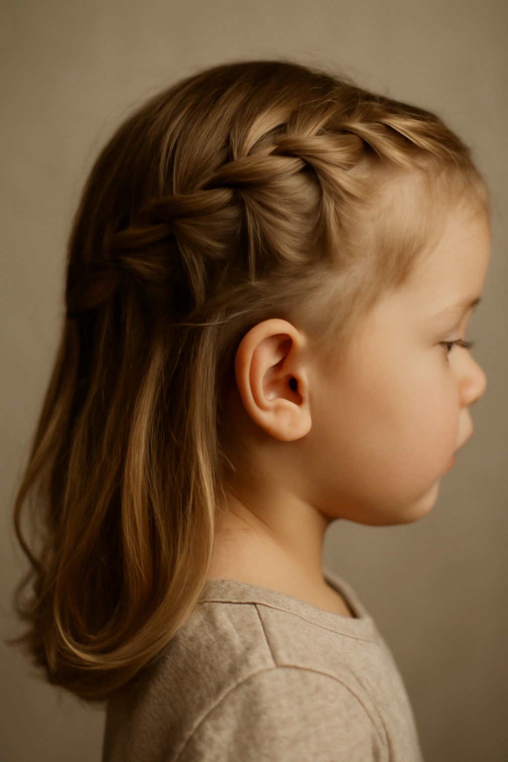 Waterfall braid along temple with secure anchors on a toddler