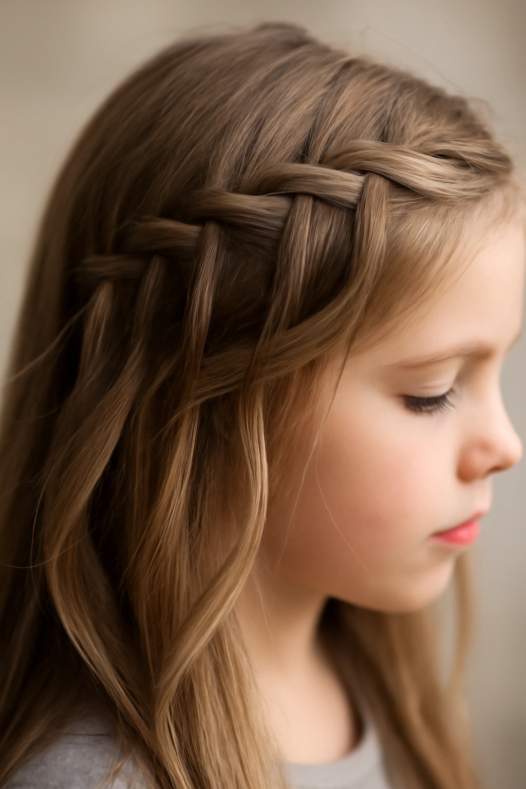 Close-up of a waterfall braid with cascading loose strands around a child's face