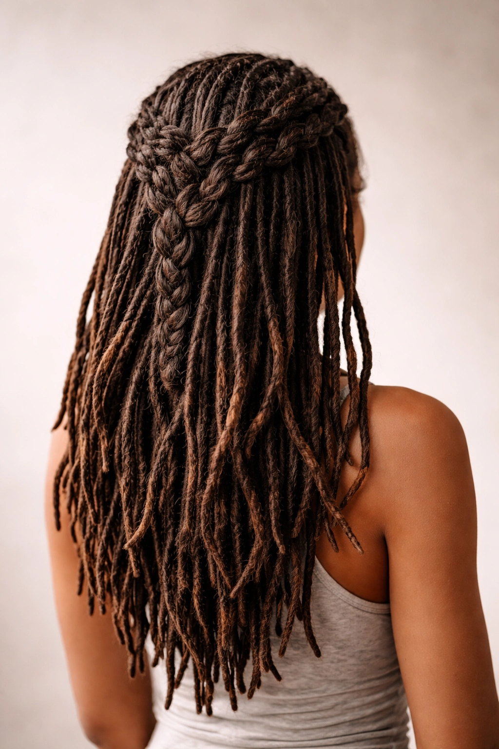 Dreadlocks styled in a cascading waterfall braid down the back.