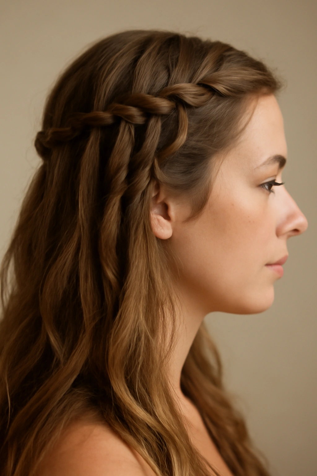 Side profile of a waterfall braid with cascading loose strands along the head