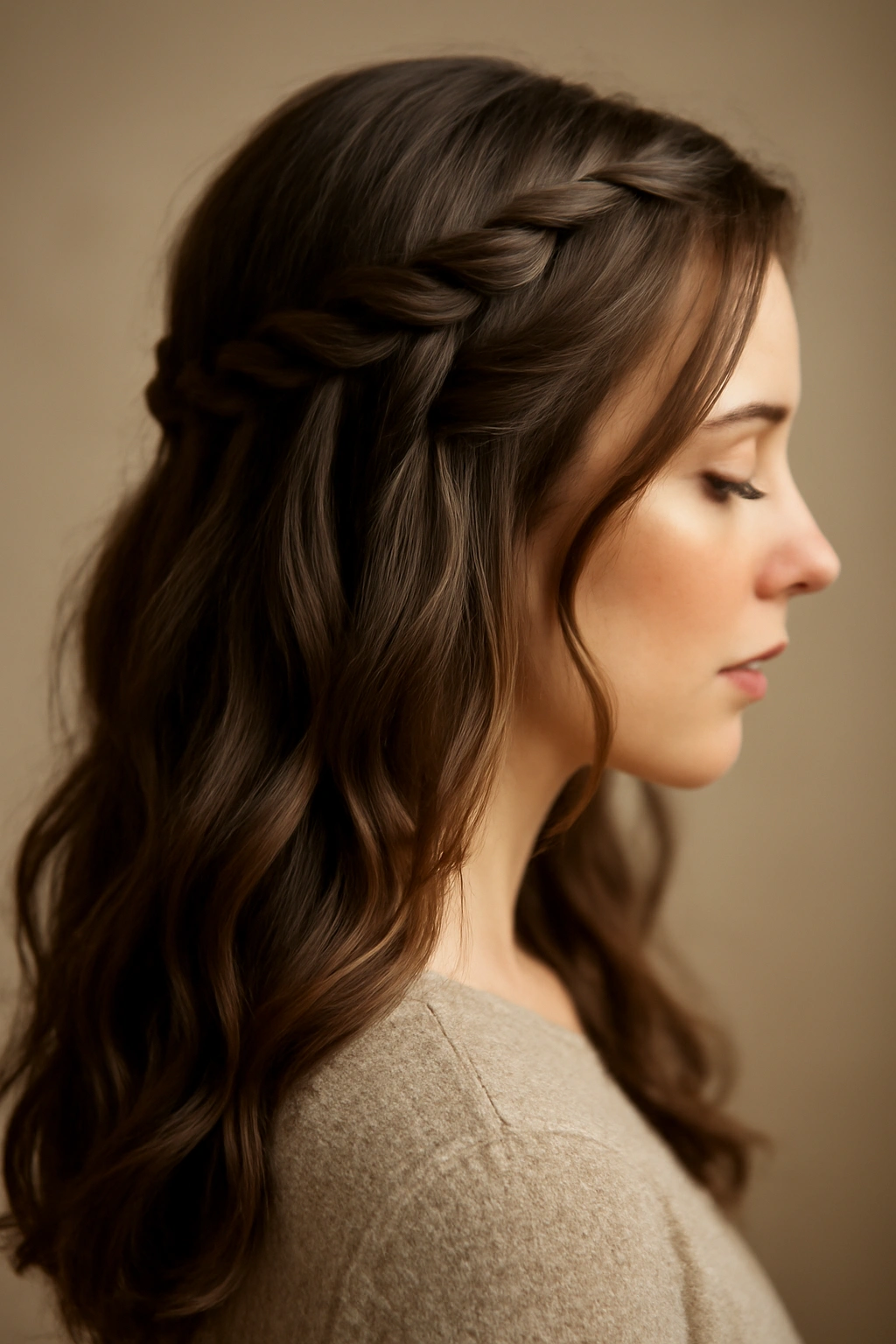 Close-up of a waterfall braid in a half-up hairstyle with cascading strands