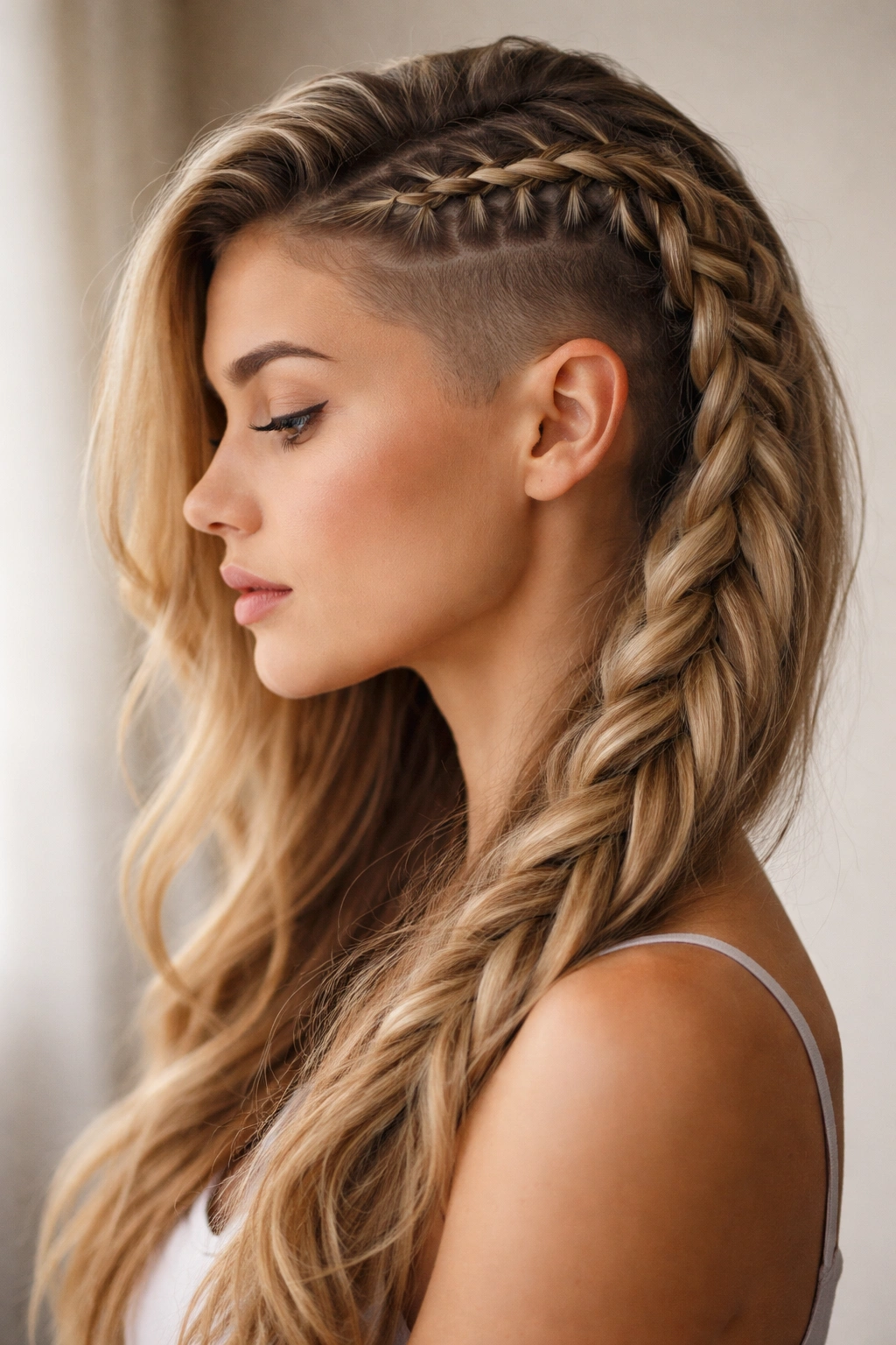 Close-up of waterfall braid cascading over the shoulder with shaved sides