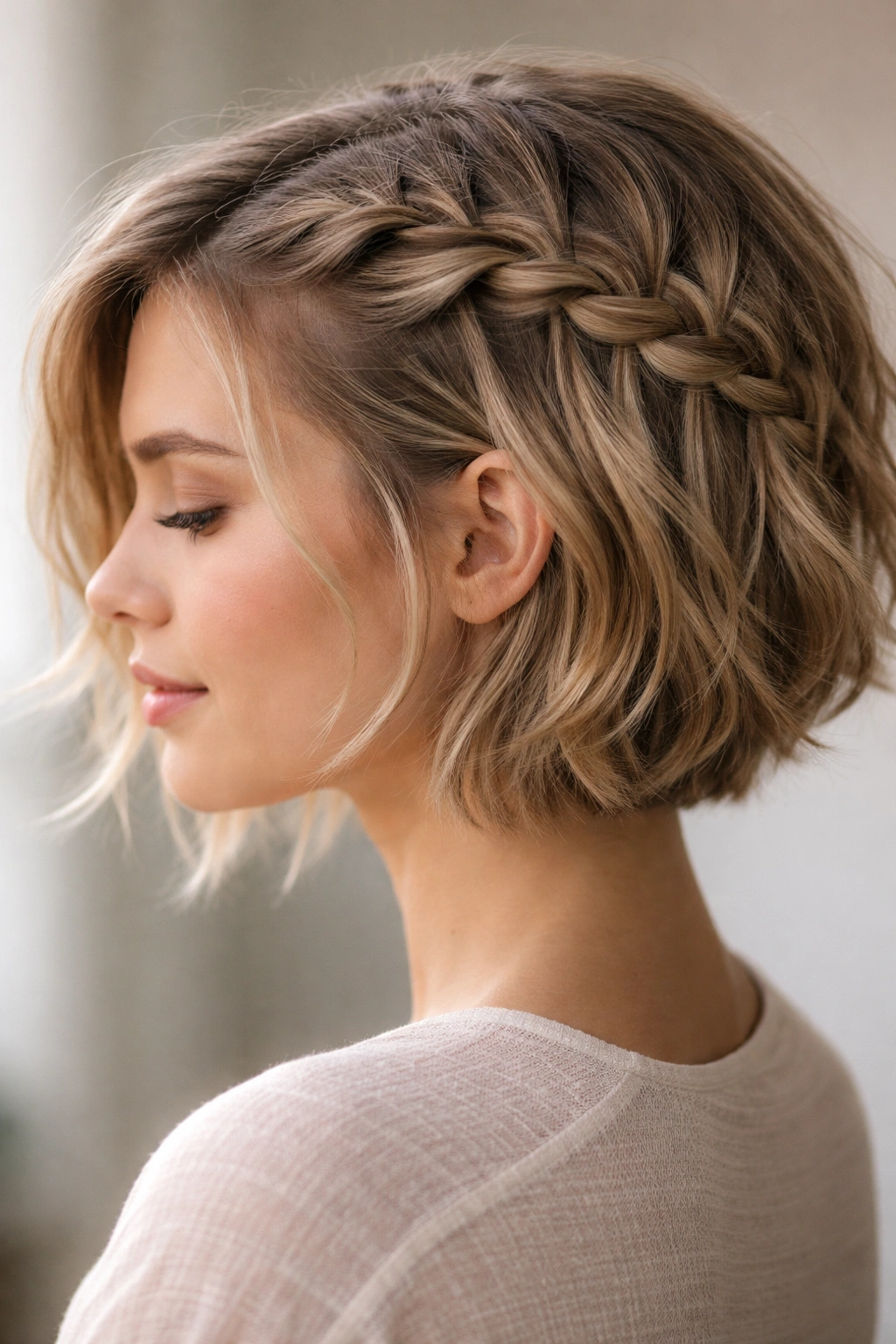 Side-view close-up of a waterfall braid cascading with loose strands