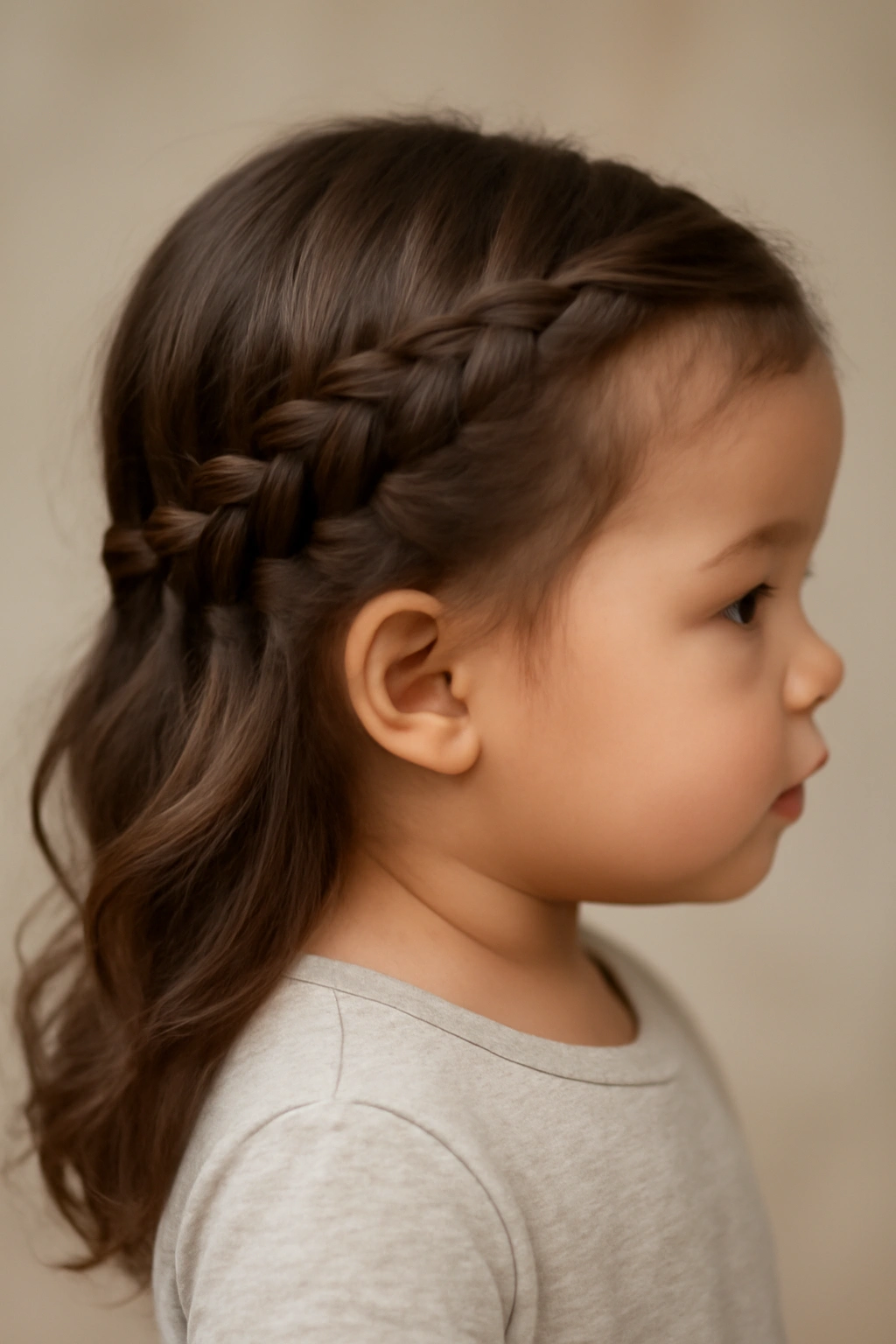 Side profile of toddler with side-swept waterfall braid cascading down one side