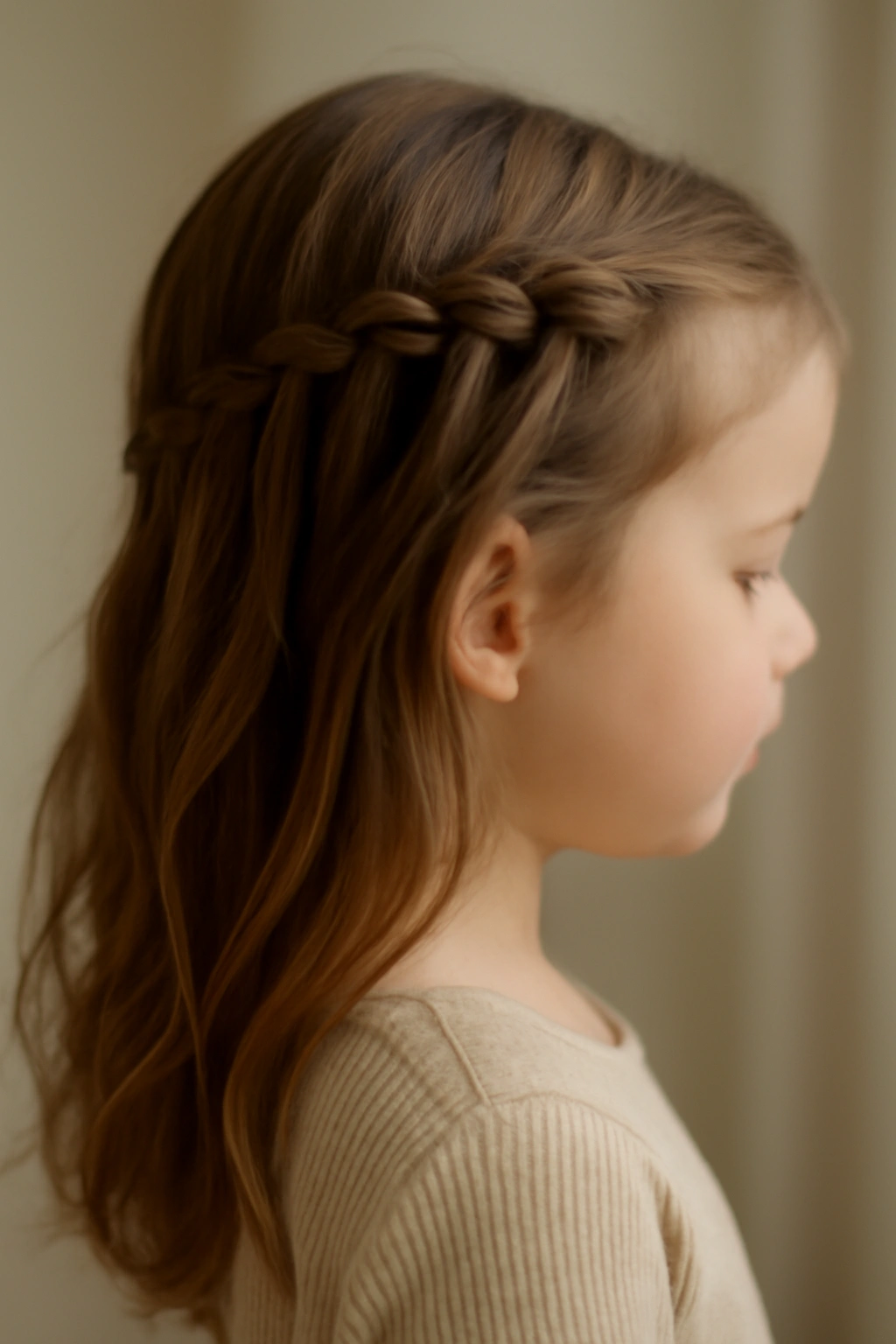 Close-up of a waterfall braid along a toddler's temple with cascading strands