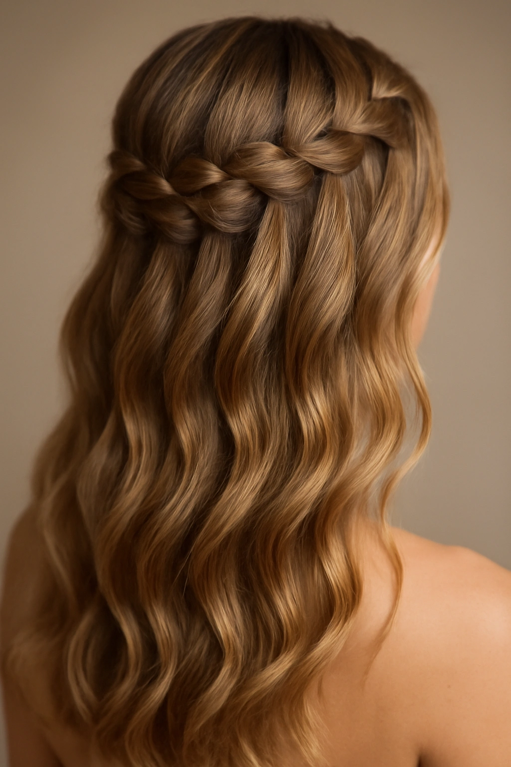 Close-up of cascading waterfall braid in a bridal hairstyle with soft waves
