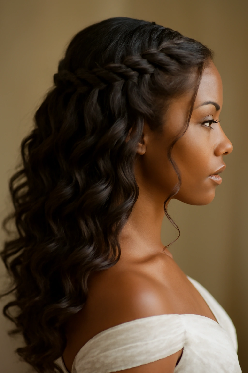 Waterfall braids cascading into curls along the side and back.