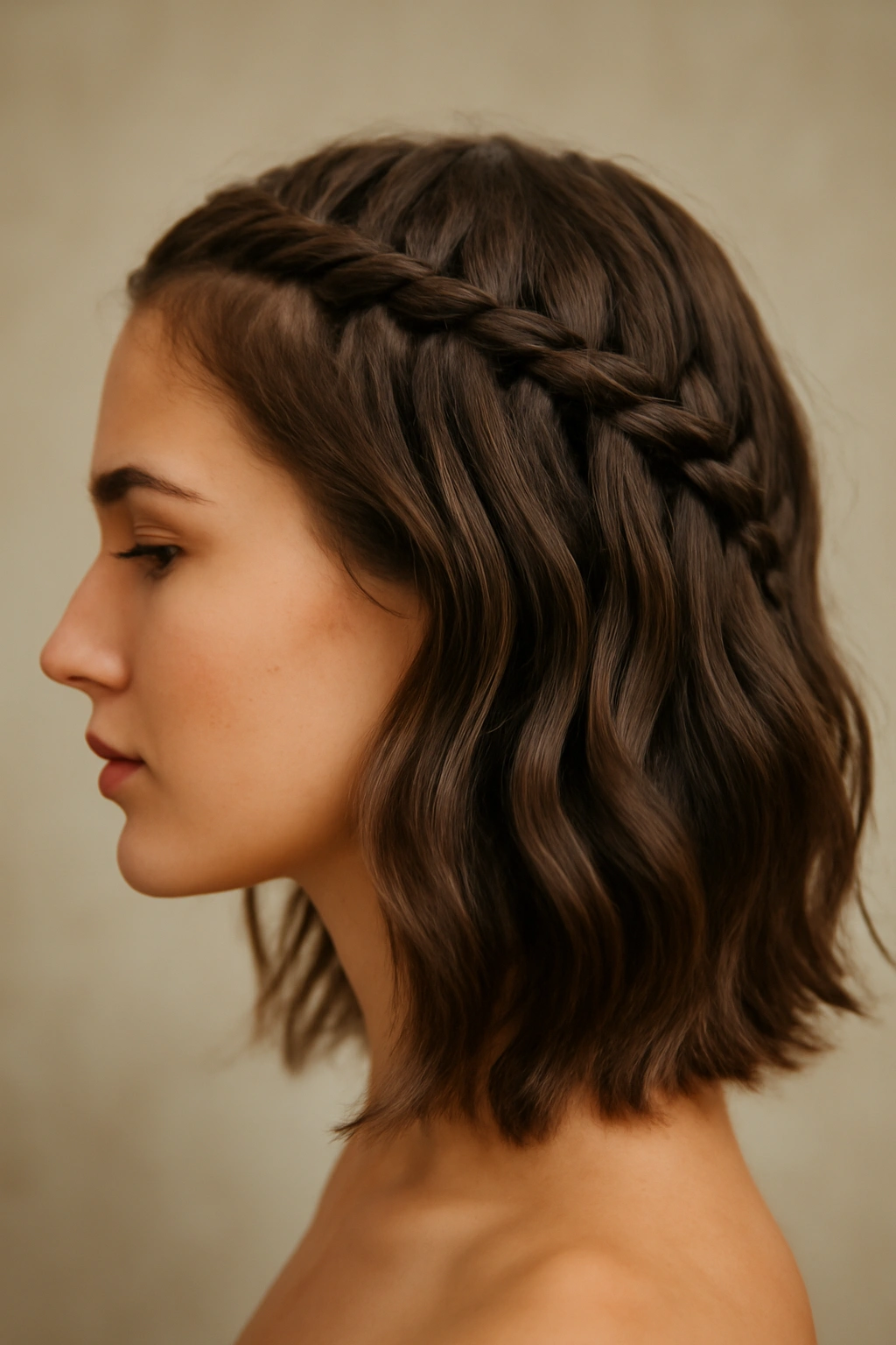 Close-up of knotless waterfall braids with cascading sections and flowing hair