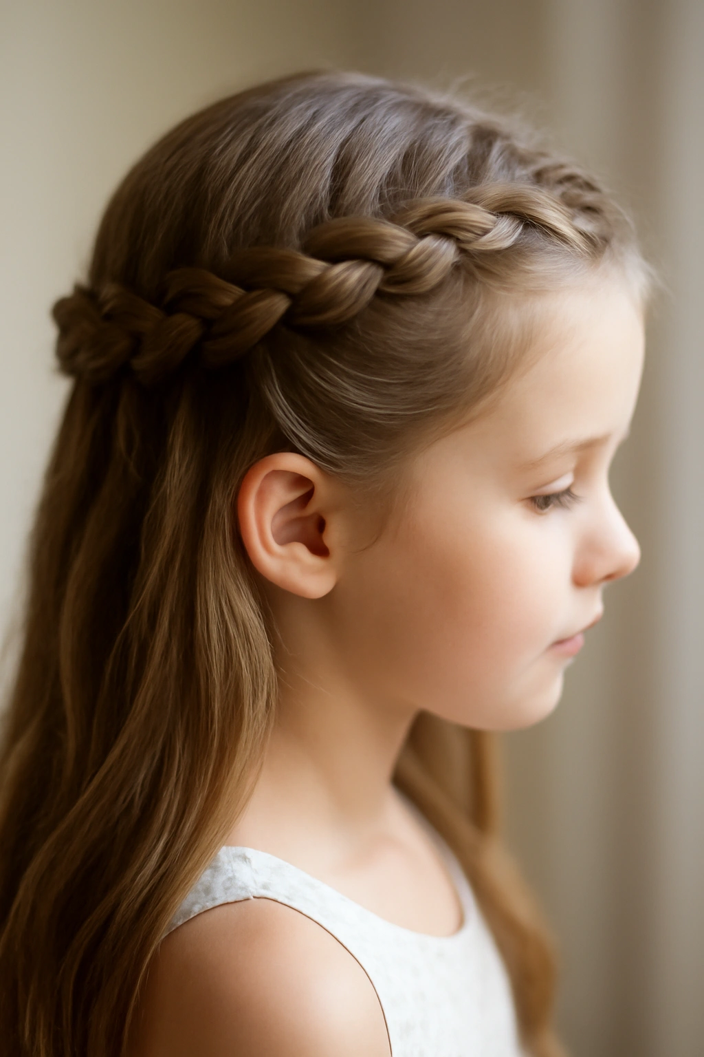 Side view of a loose waterfall braid crown cascading along the head