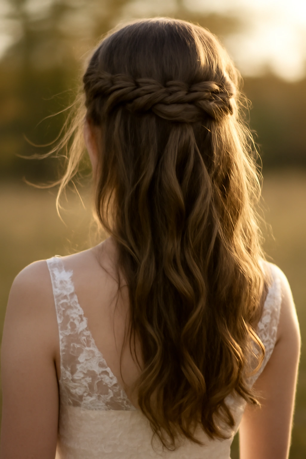 Bride's waterfall half-up braid with cascading strands and light-catching texture.