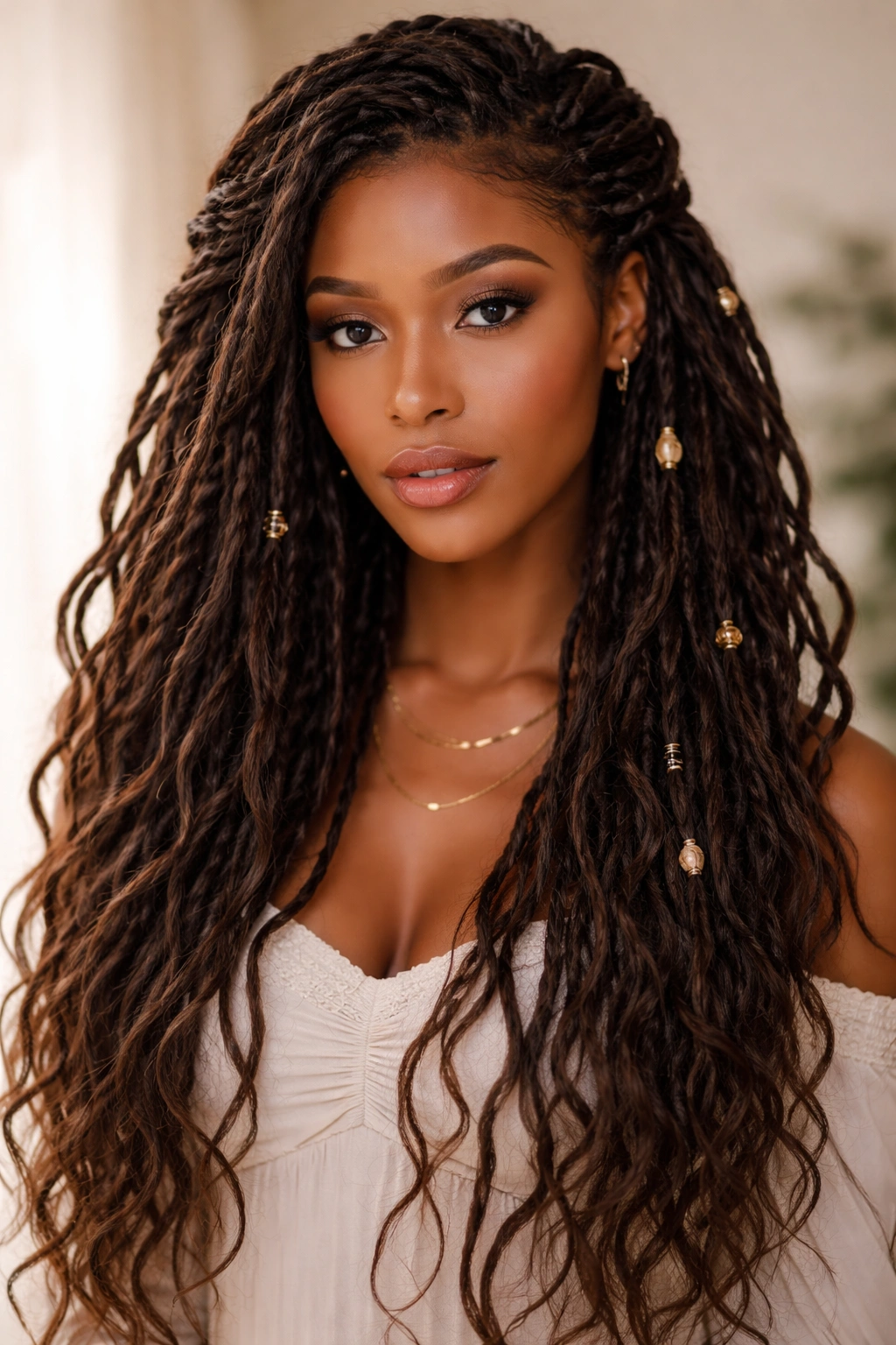 Romantic waterfall locs with cascading wrapped and loose strands