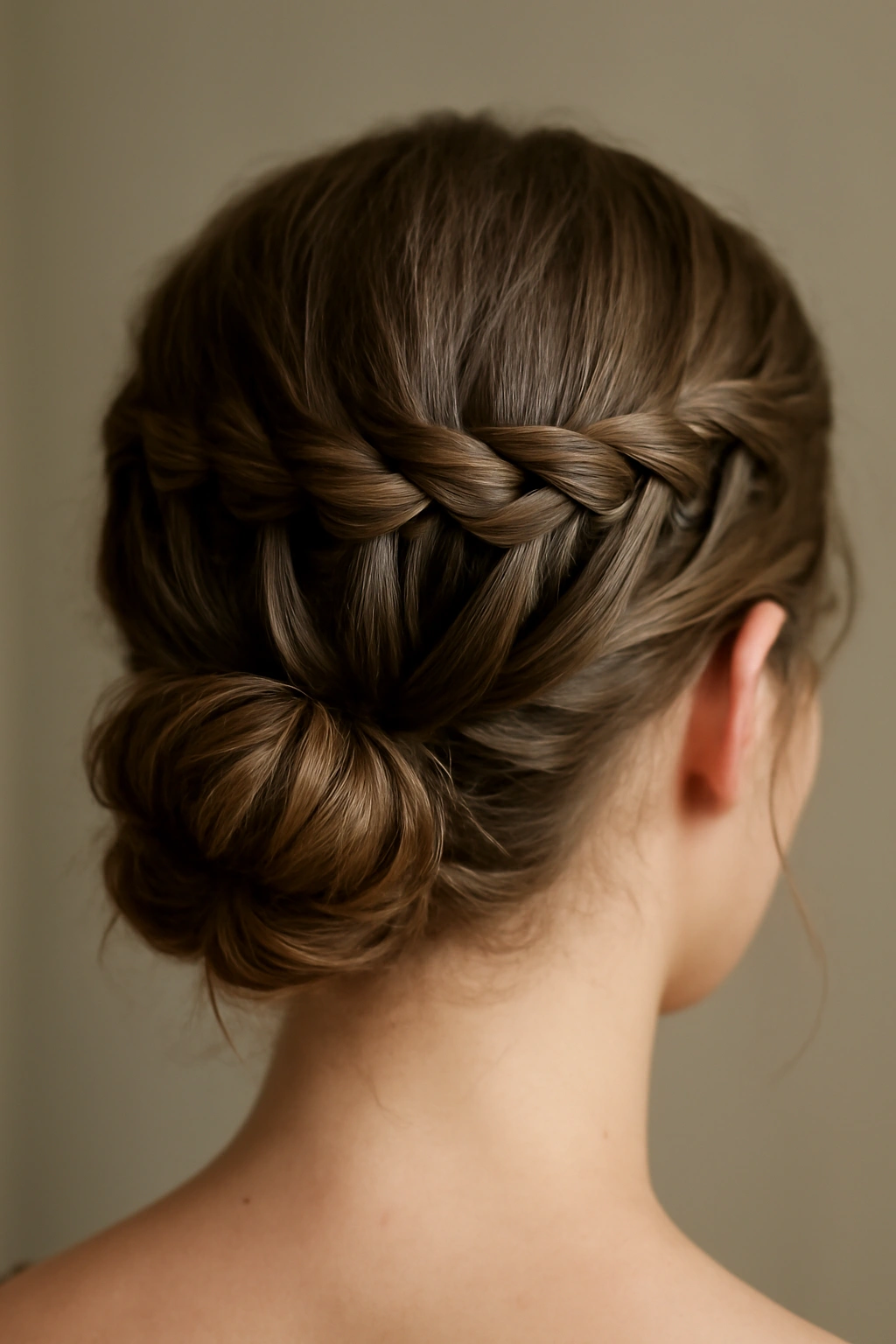 Waterfall braid with cascading strands forming a tucked bun at the nape