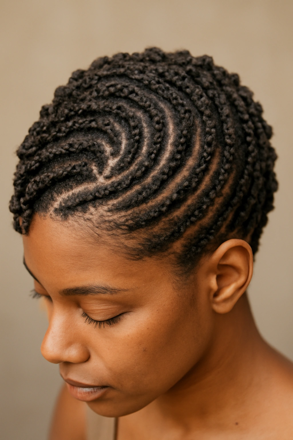 Twist-out hair styled into curved wave patterns across the scalp