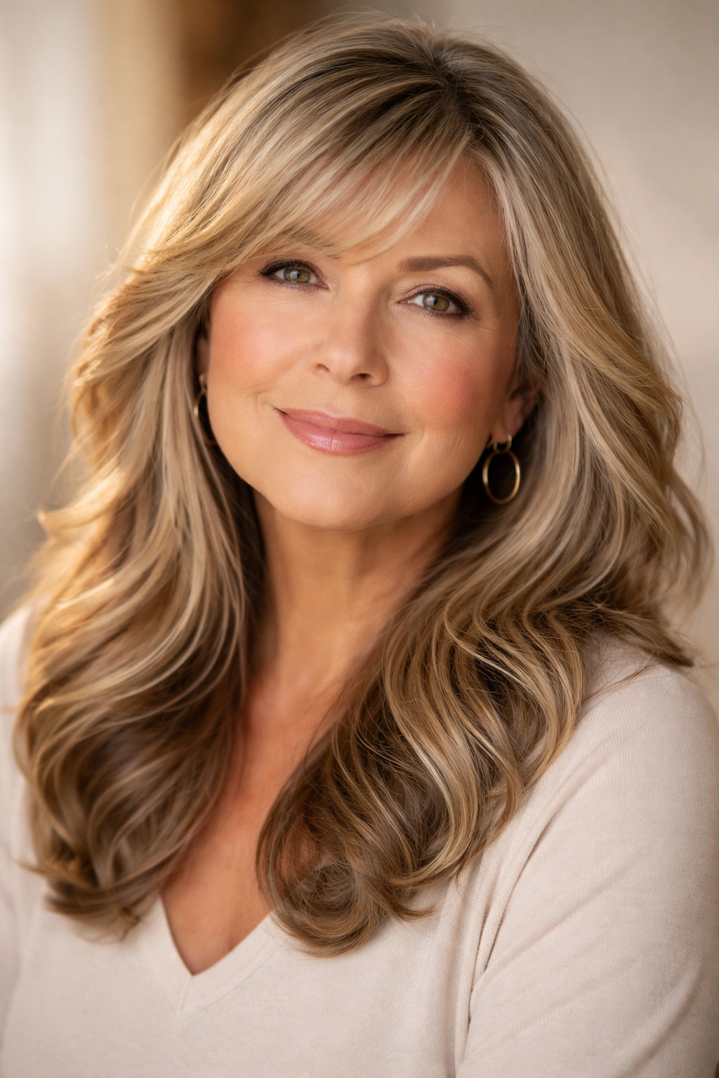 Close-up portrait of a mature woman with flowing waves and sideswept bangs for round faces