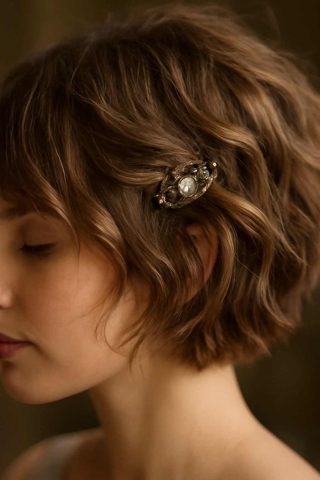 Soft tousled waves on short hair with vintage clip