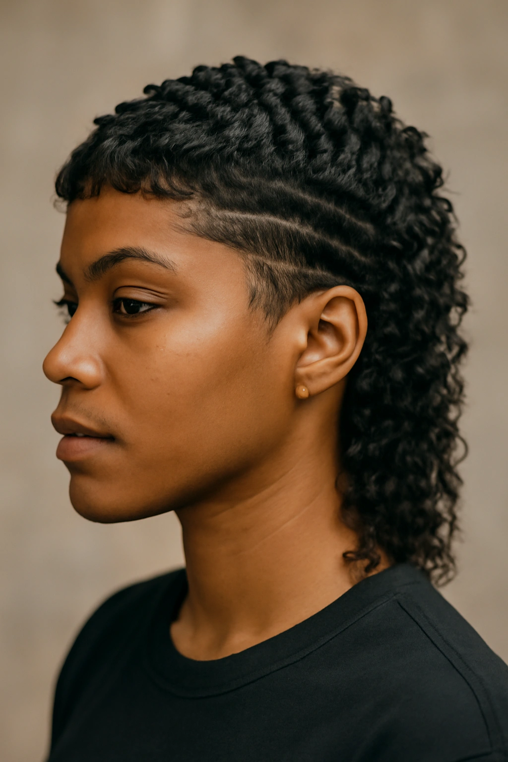 Three-quarter view of a person with The Waves and Coils Mullet, showcasing defined wave patterns on the sides and back.