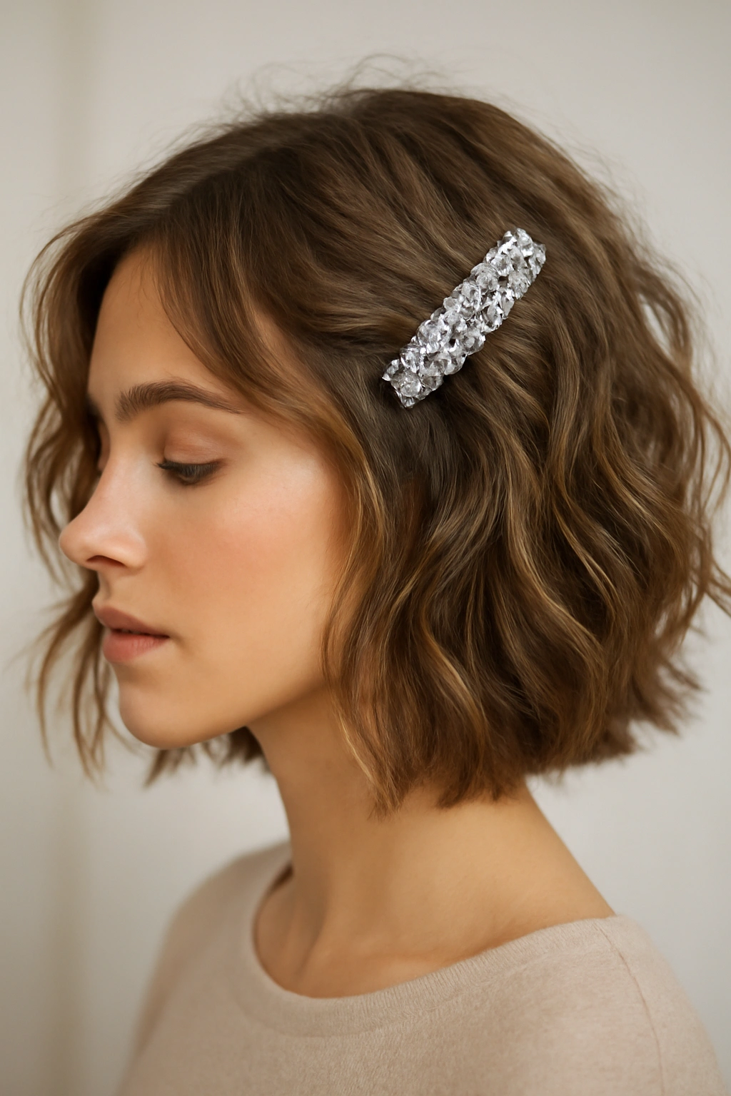 Tousled waves with a large decorative clip on one side.