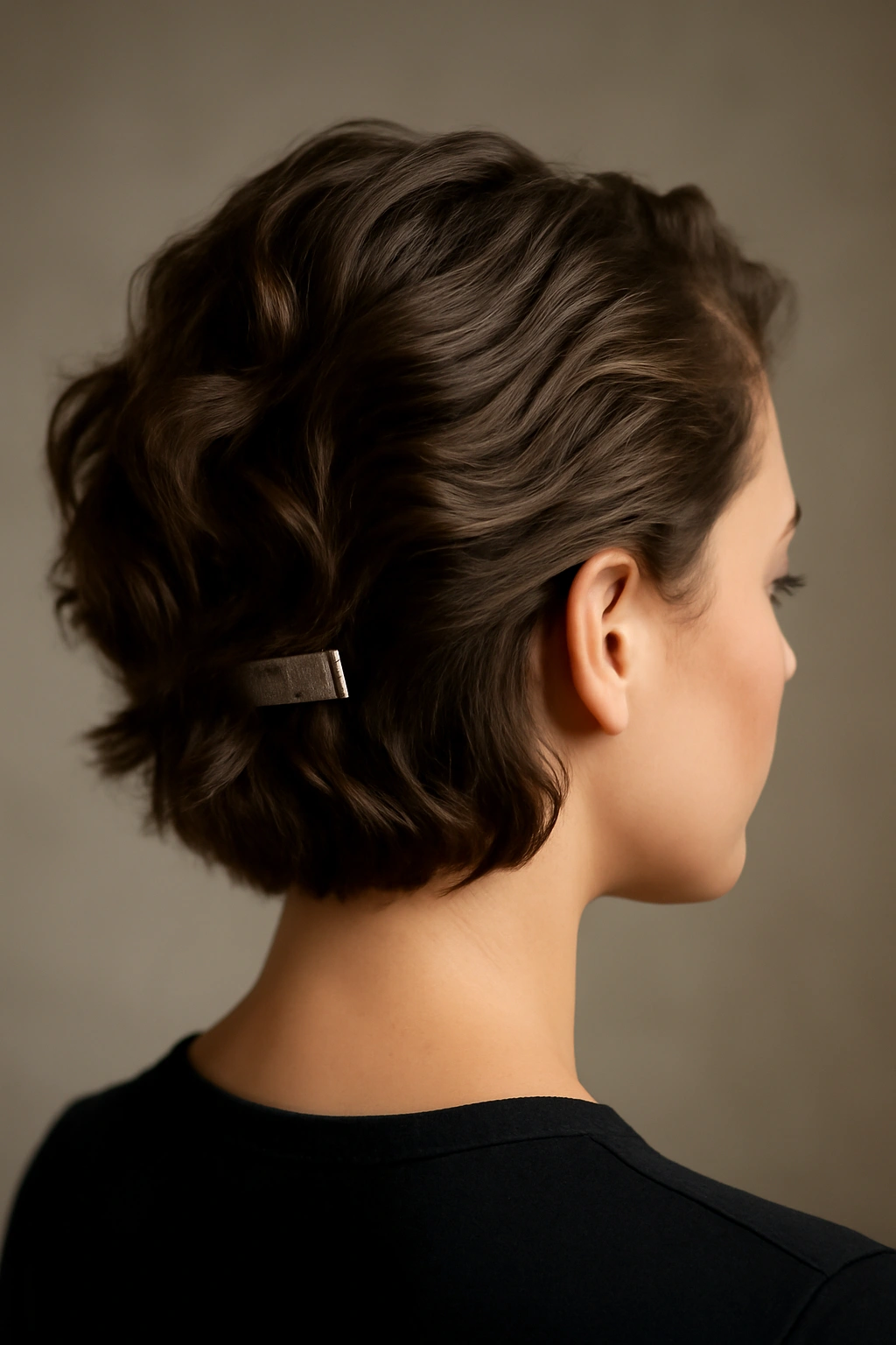 Short hair with voluminous waves and a metallic clip at the back.