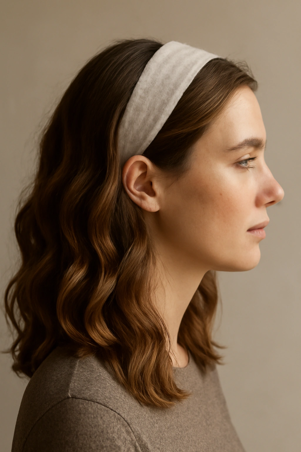 Close-up side view of loose waves with a headband anchoring the crown