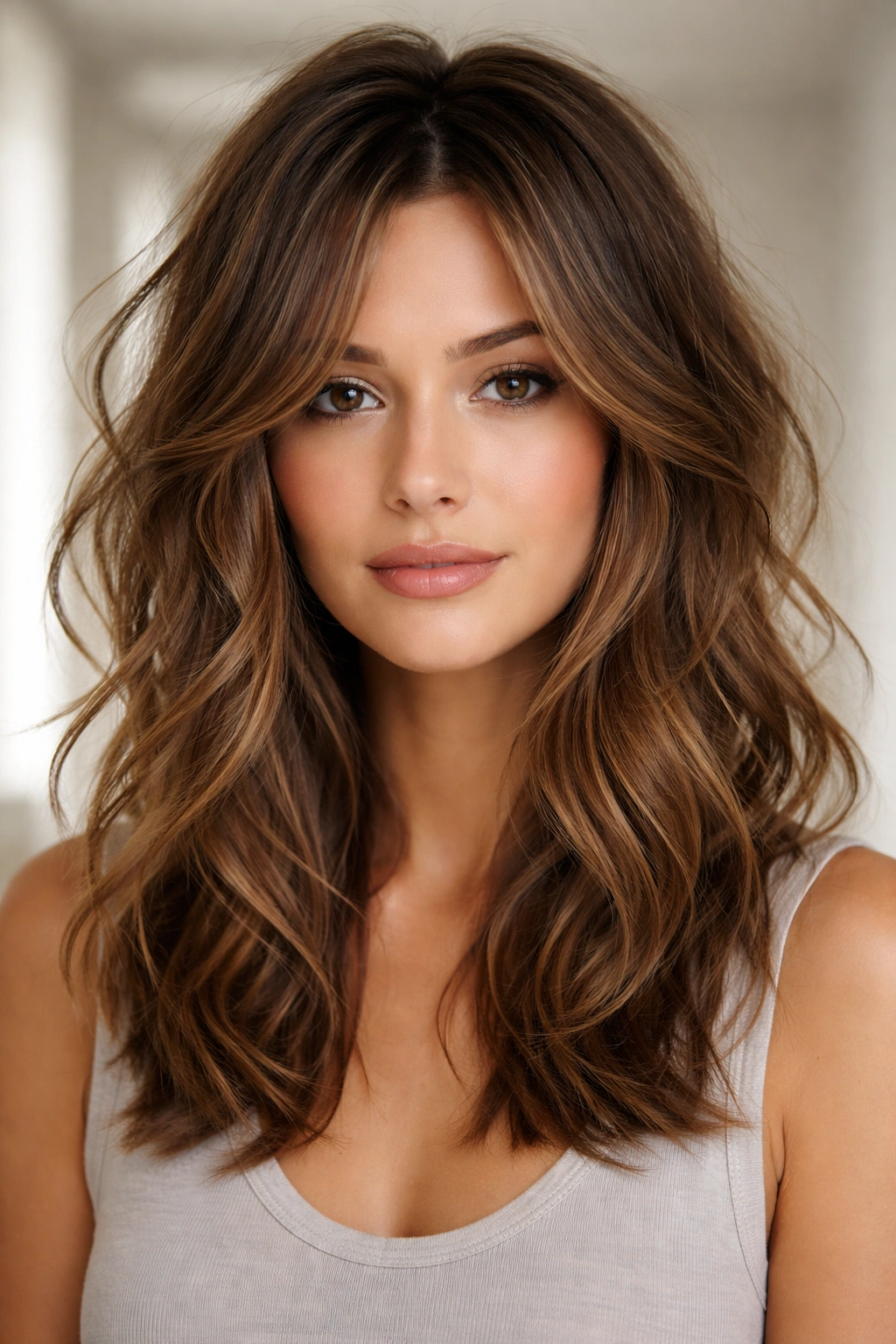 Medium-length wavy hair with subtle layers framing the face