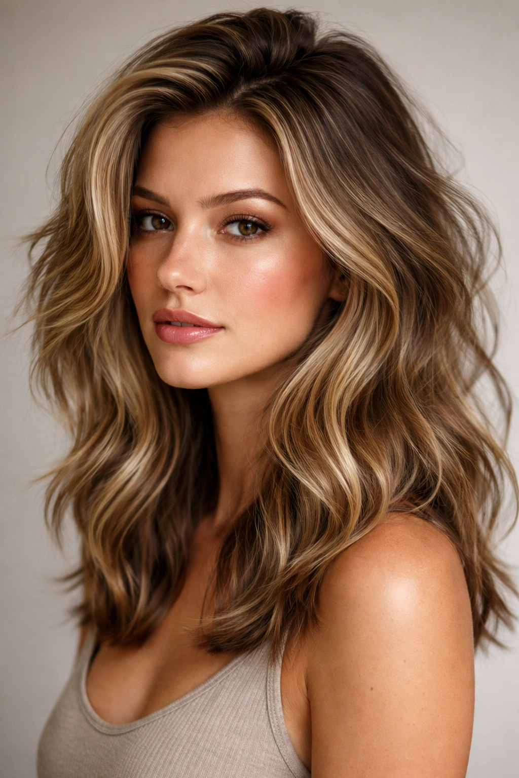 Shoulder-length hair with textured waves and root volume.