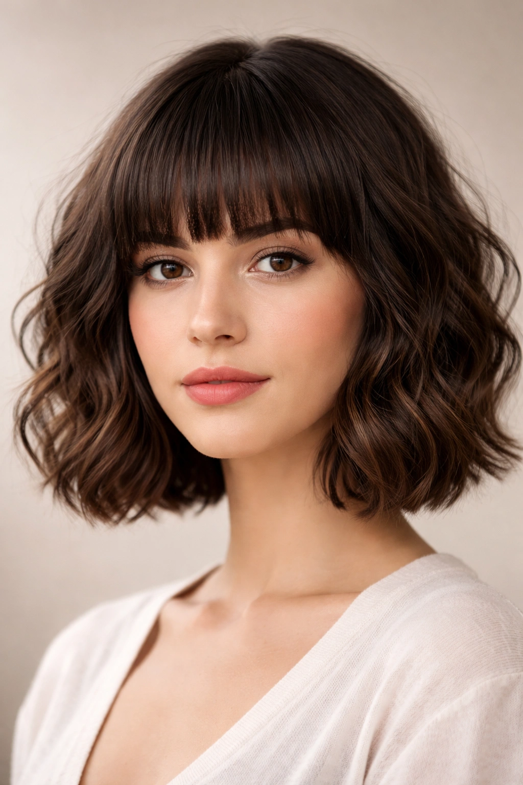 Wavy bob with blunt bangs at jawline.