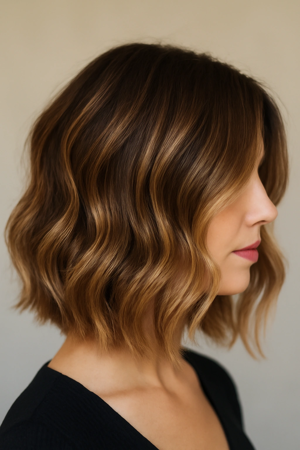 Wavy medium bob with caramel balayage enhancing depth and shine.