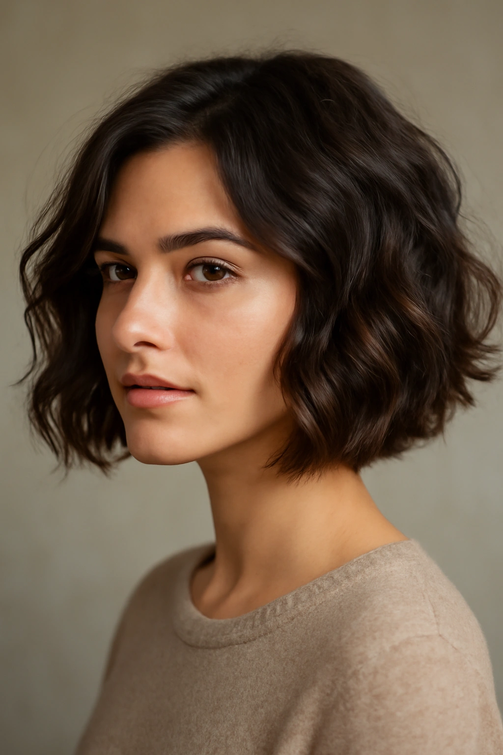 Close-up of a wavy bob with natural waves and defined texture