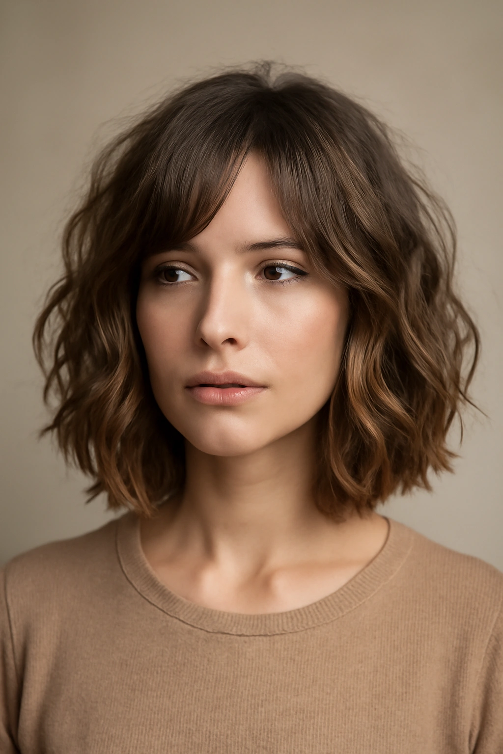 Close-up of wavy shoulder-length bob with soft texture and natural movement
