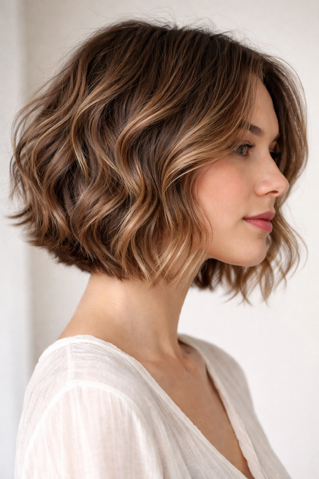 Close-up of a head-and-shoulders with a wavy bob featuring textured layers for natural waves