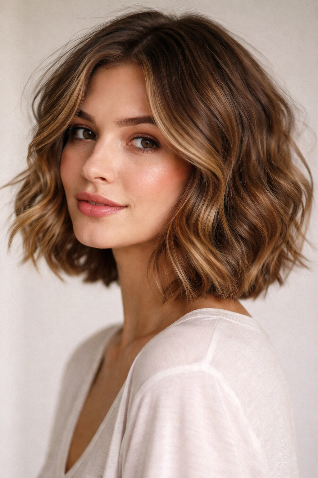 Close-up portrait of a person with a wavy tousled bob showing natural texture and movement