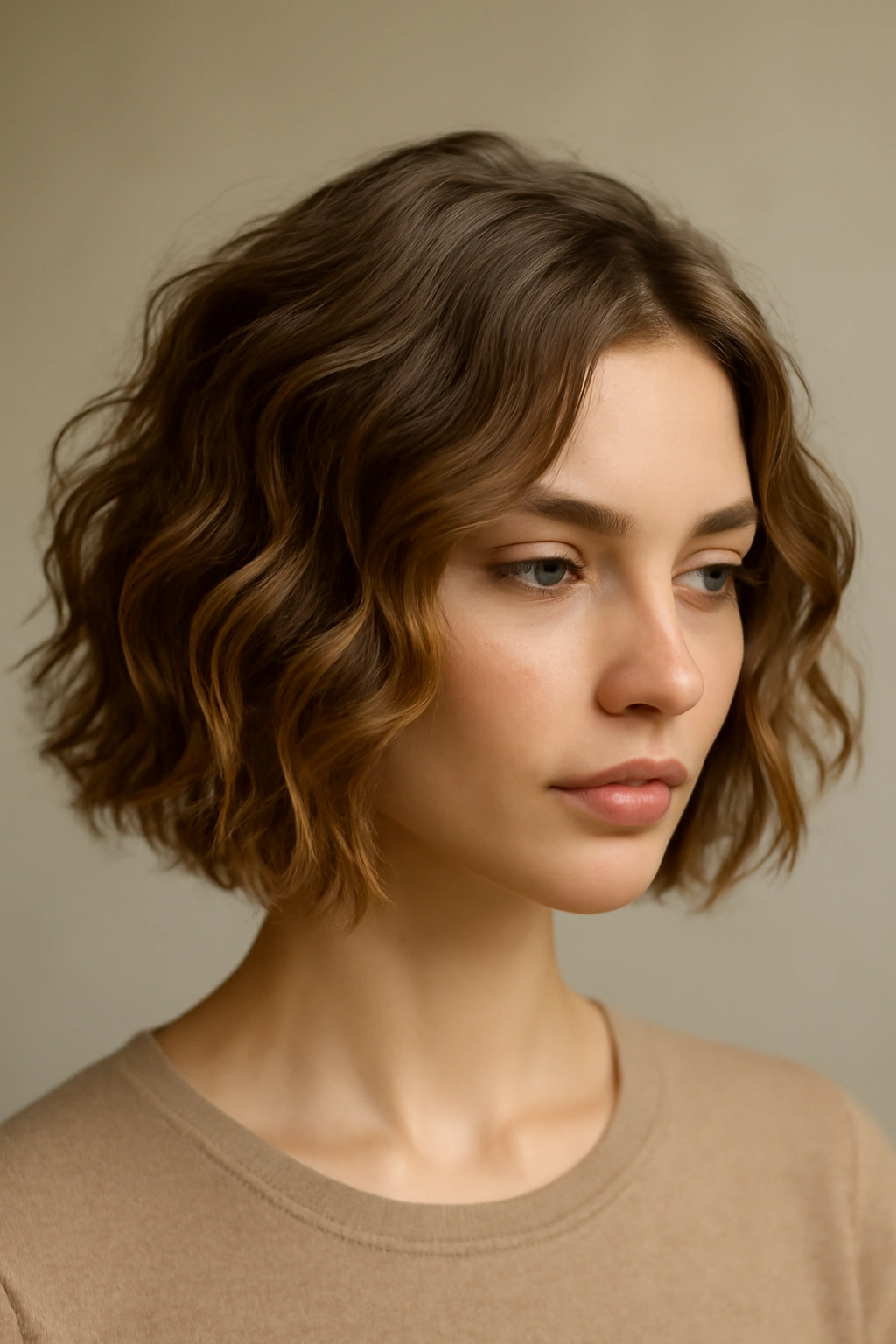 Close-up of a wavy bob with natural waves and soft layers in studio lighting