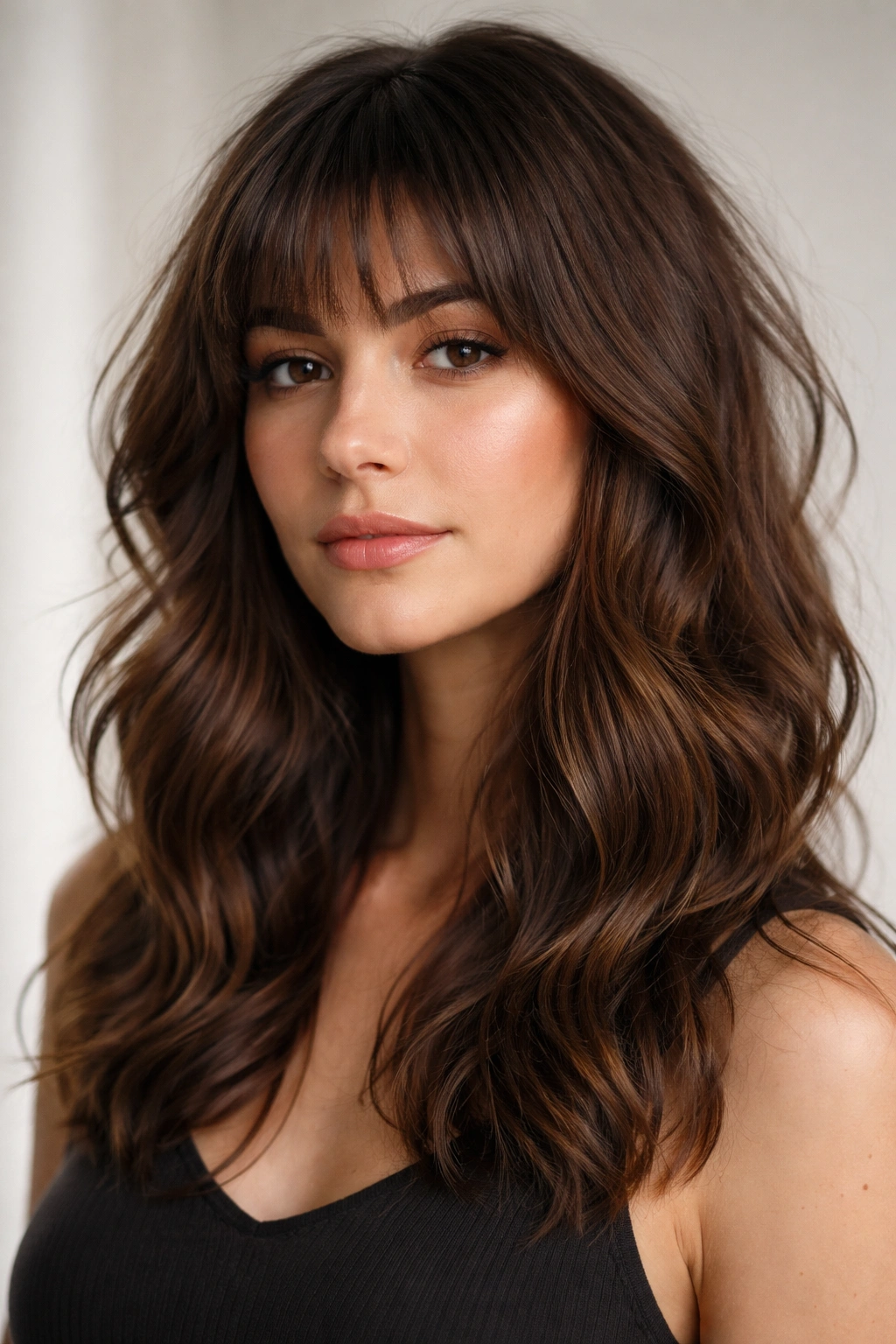 Medium-length wavy hair with textured bangs and layered waves