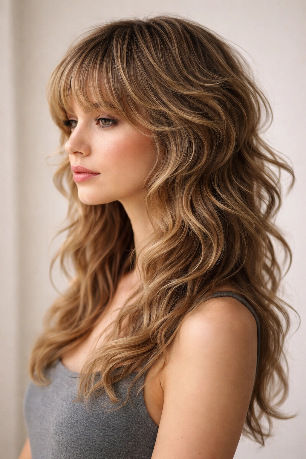 Portrait of a model with natural waves enhanced by the wavy textured jellyfish cut.