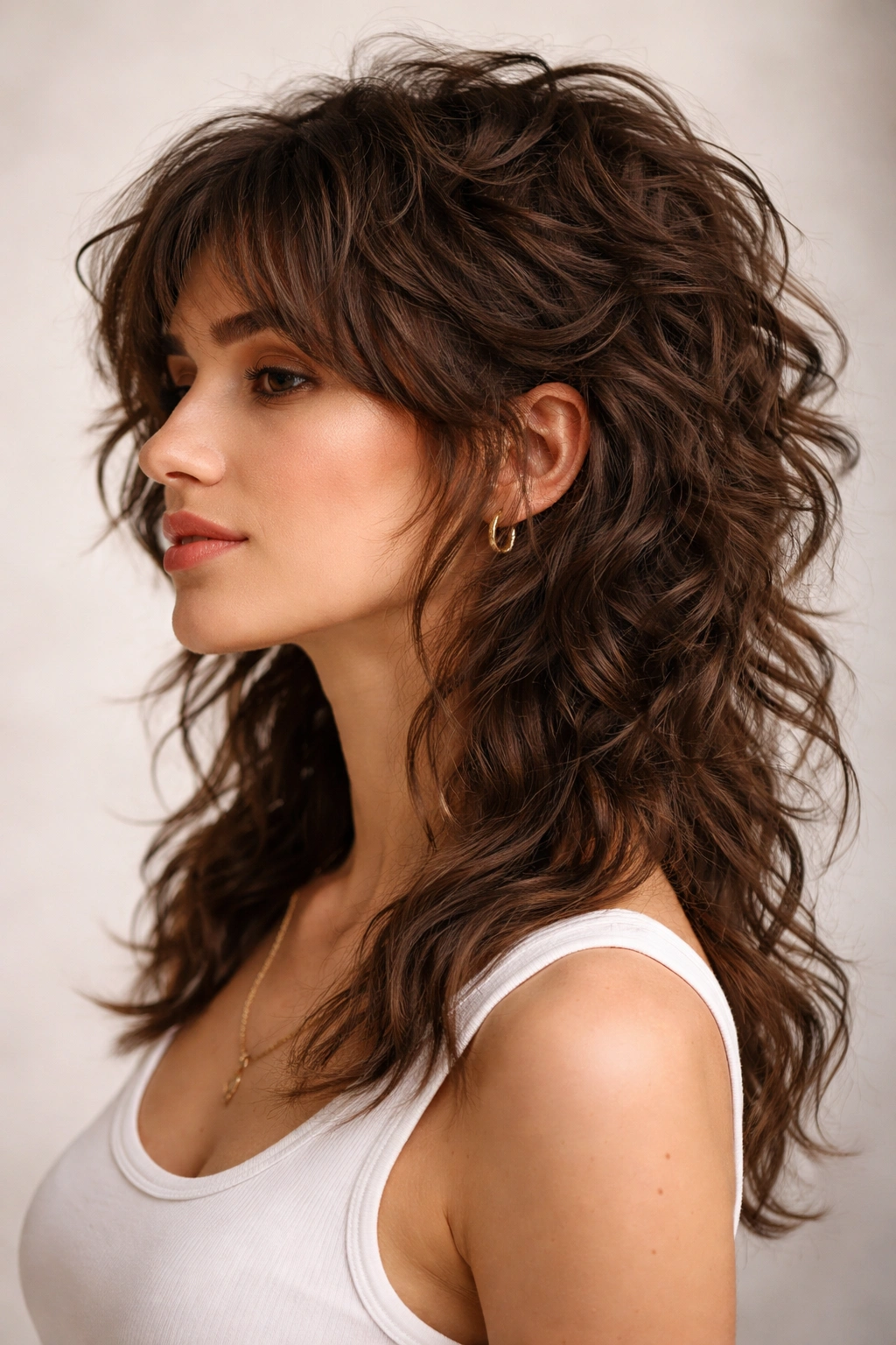 Profile view of wavy layers mullet with face-framing layers and longer back layers.
