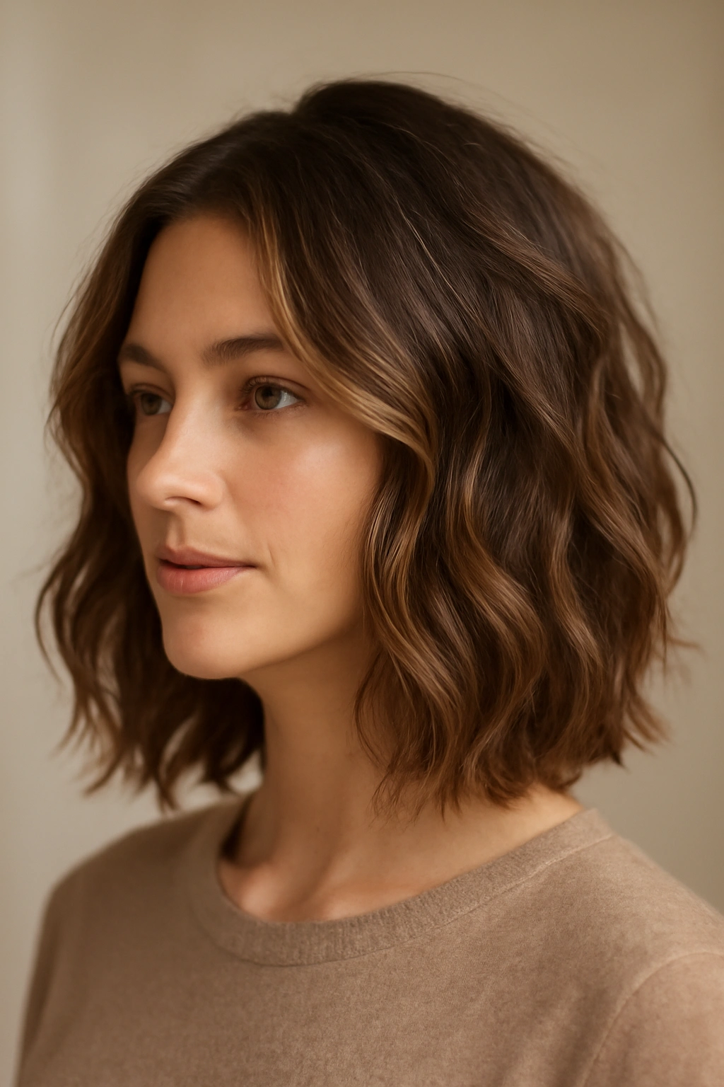 Close shot of The Wavy Lob with Subtle Layers displaying loose waves and crown texture.