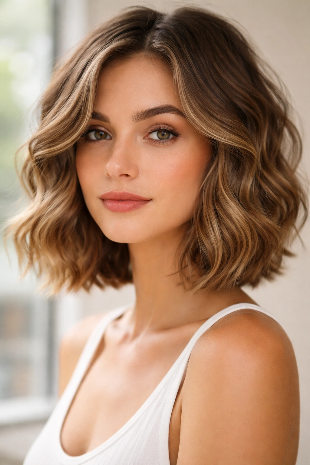 Jawline-length wavy lob with defined waves
