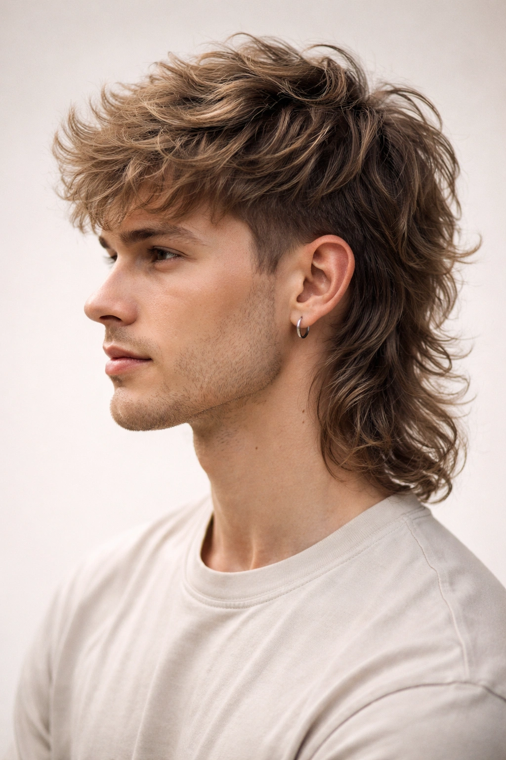 Three-quarter view of a textured wavy mullet showing short top and long back.