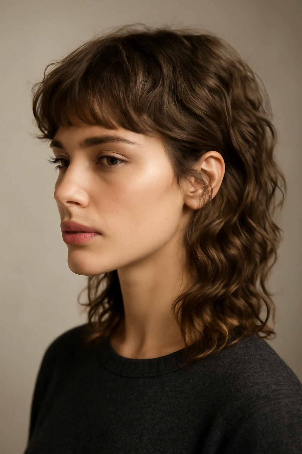 Portrait of a mullet with soft, romantic waves throughout the length